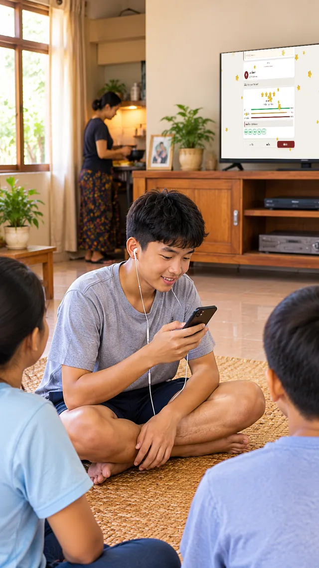 A student at home practises on his phone with earphones