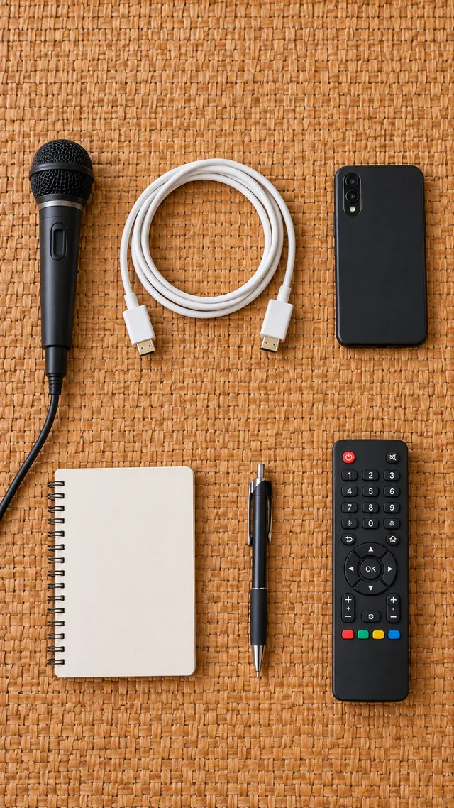 Kit laid out on a woven mat: microphone, white HDMI cable, phone, notebook, pen and TV remote