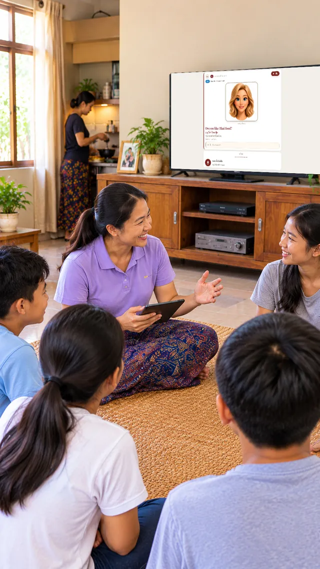 The host and students sit on a mat watching the avatar lesson on the TV