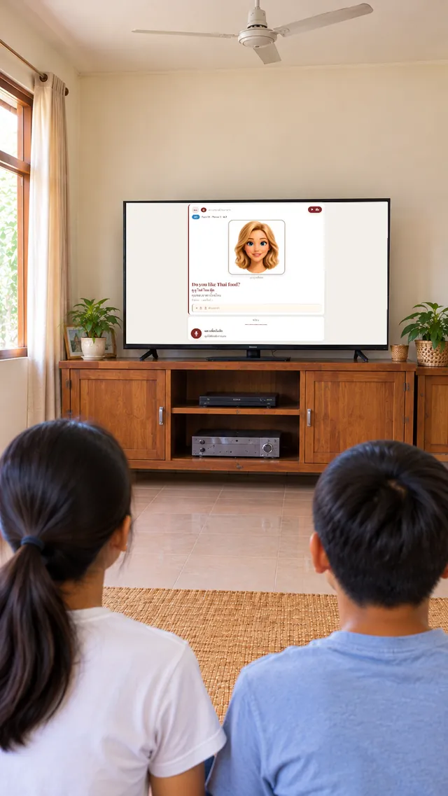 Two students sit facing the TV, which shows the lesson with the avatar