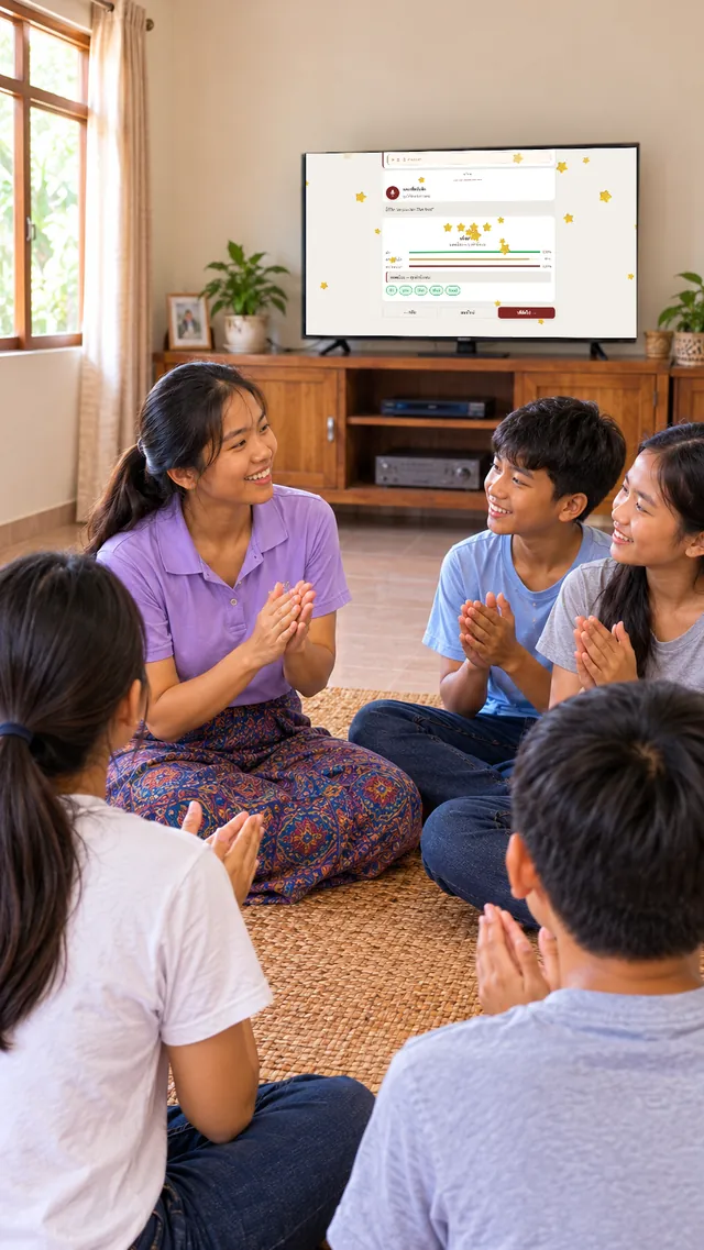 The class cheers as the TV shows four stars