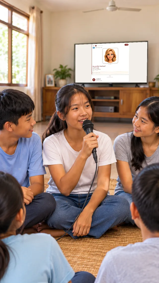 A student speaks into a microphone